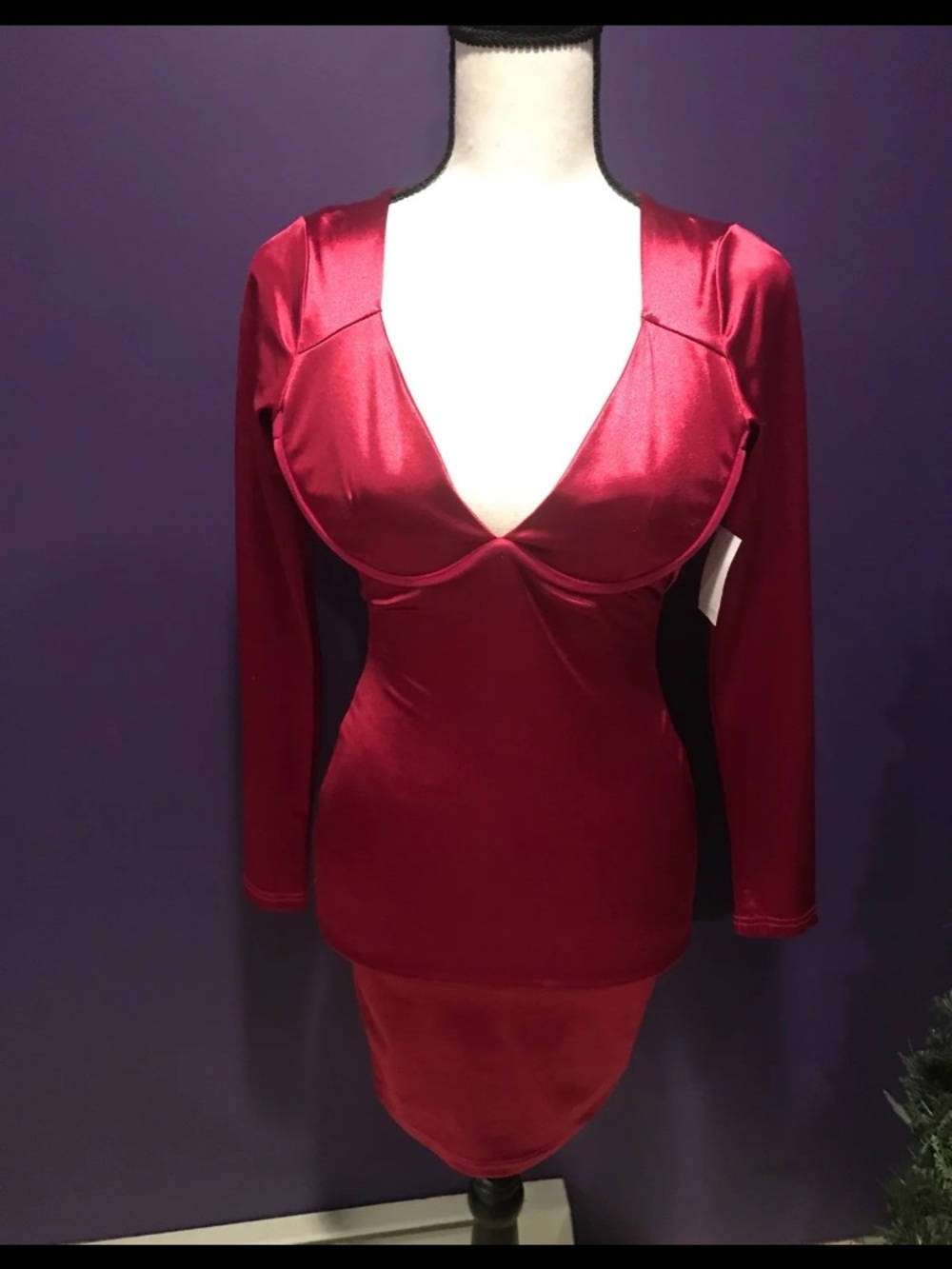 Charlotte Russe Red Satin Long Sleeve Bodycon Dress
